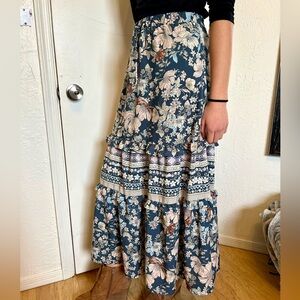 Blue Floral Maxi Dress with Ruffle Hem